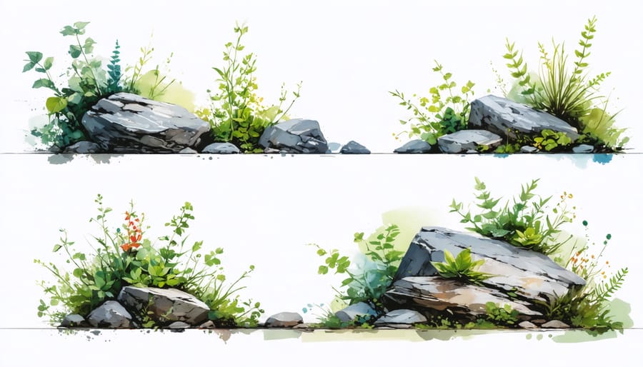 Diagram showing various pond edge treatment methods with natural materials