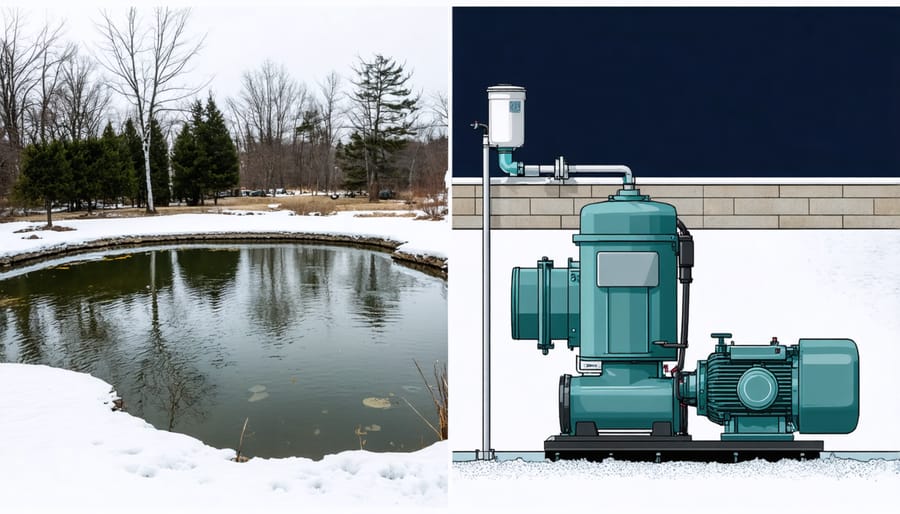 Diagram demonstrating winter preparation steps for pond equipment