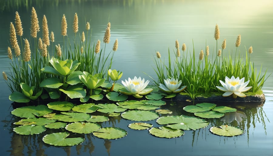 Various aquatic plants used for natural pond filtration displayed together