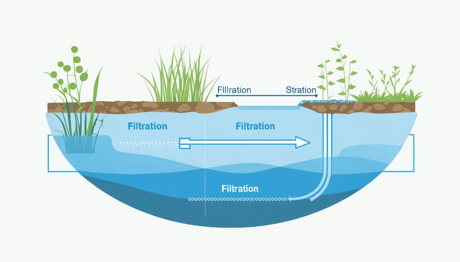 Infographic illustrating mechanical, biological, and chemical filtration stages in a pond system