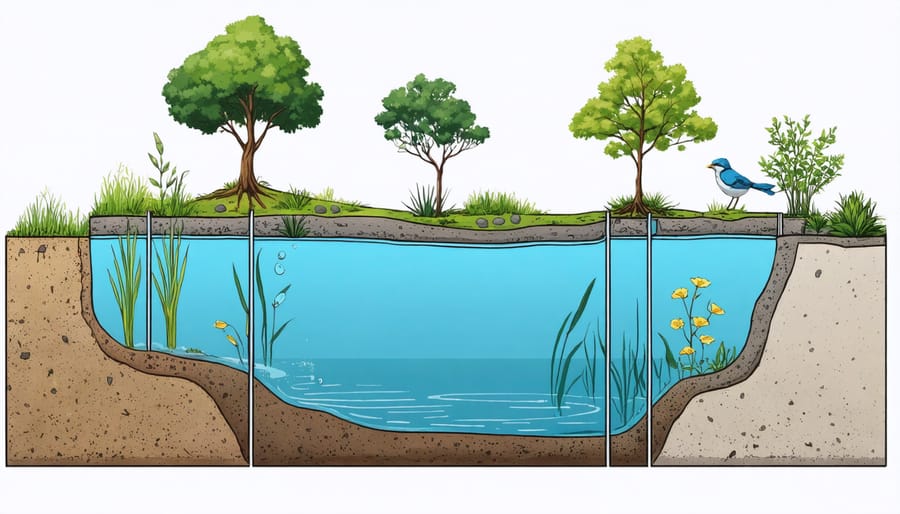 Illustrated cross-section of a pond showing deep water, marginal, and bog filter zones