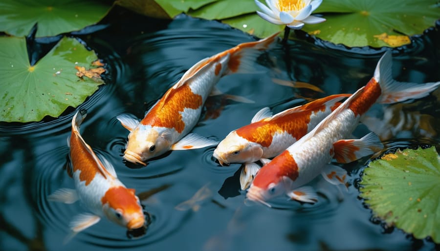 Colorful koi and goldfish swimming beneath floating water lily pads