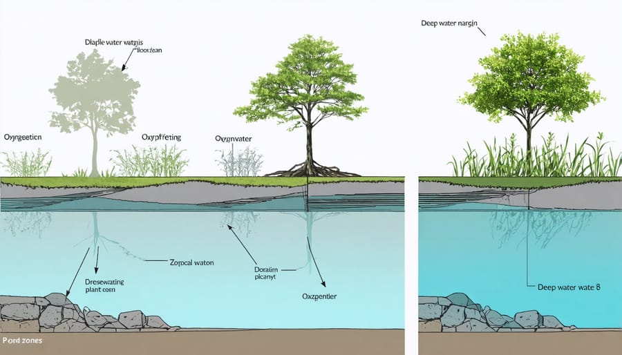 Cross-section illustration of pond zones and plant placement for optimal biodiversity