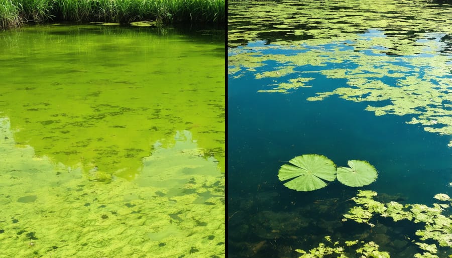 Side-by-side comparison showing a clear, healthy 1-acre pond next to one affected by algae growth