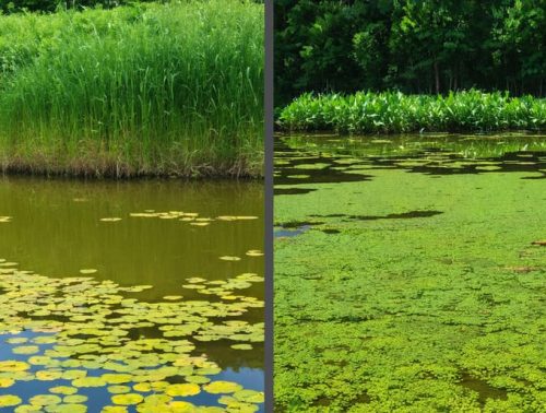 A side-by-side image showing a clear, vibrant pond full of diverse plants and wildlife next to a section overtaken by dense mats of duckweed and water hyacinth, highlighting the impact of invasive species.