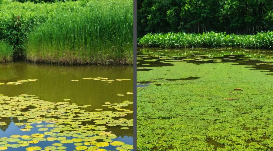 A side-by-side image showing a clear, vibrant pond full of diverse plants and wildlife next to a section overtaken by dense mats of duckweed and water hyacinth, highlighting the impact of invasive species.