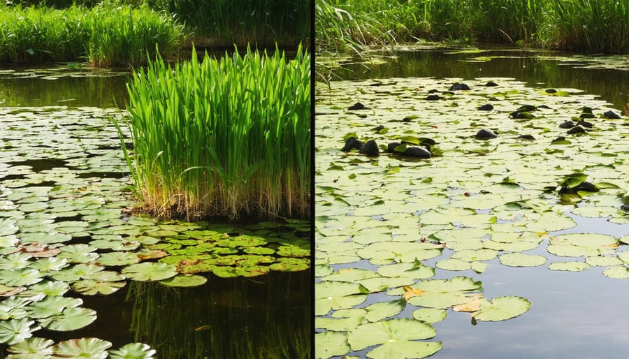 Comparison of two ponds: clear, healthy pond next to one covered in invasive aquatic plants