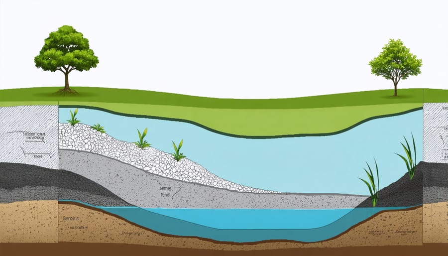 Detailed cross-section illustration of wildlife pond construction layers including clay liner, substrate, and edge zones