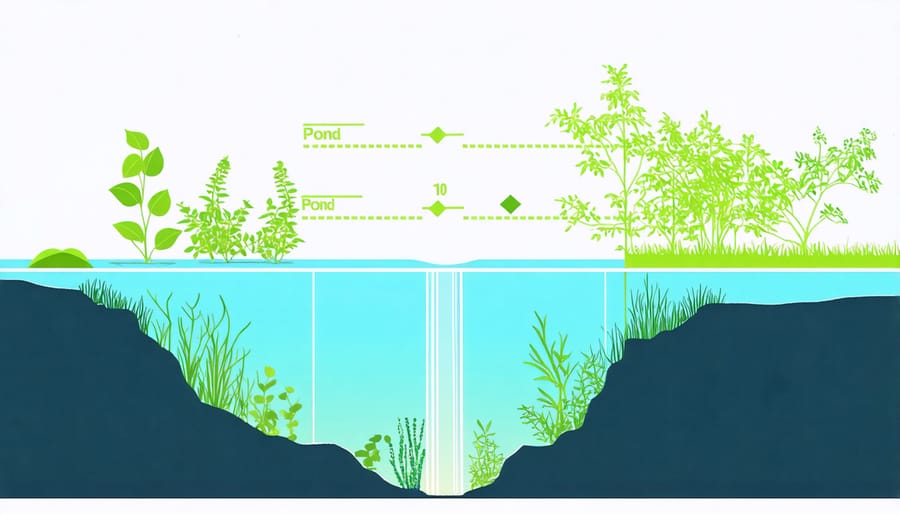 Diagram illustrating light penetration zones in pond water, showing photic and aphotic zones with aquatic plants