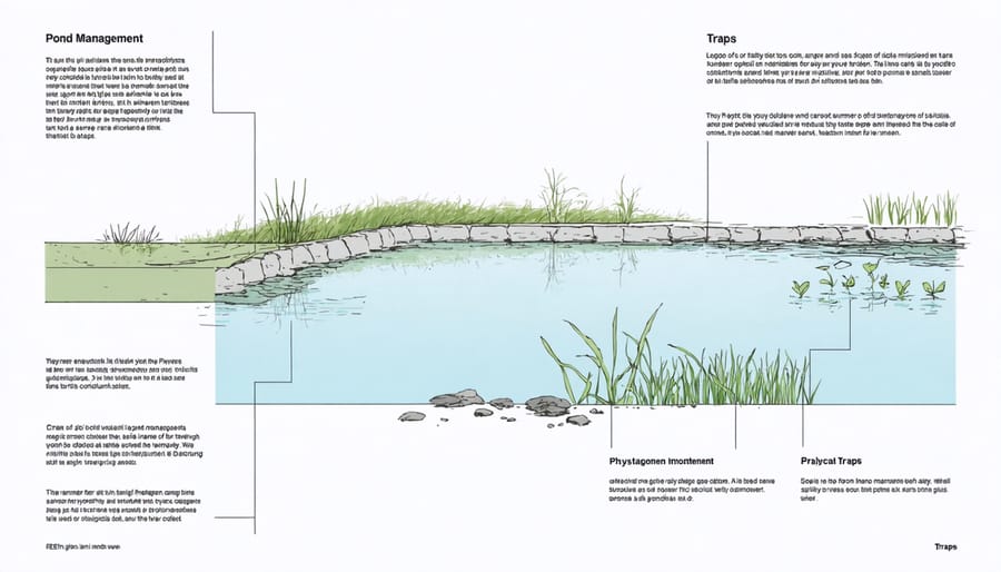 Illustrated cross-section of pond showing various invasive species control methods