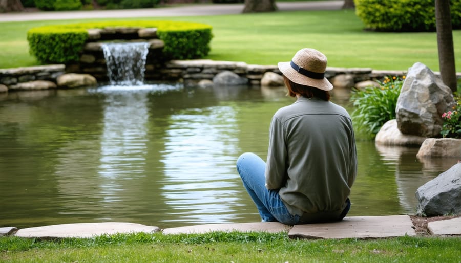 Individual relaxing beside a peaceful garden pond with flowing water