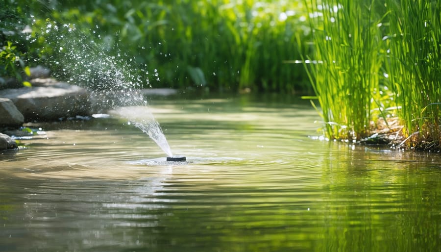 Motion-sensing sprinkler mounted near pond edge demonstrating predator deterrent system