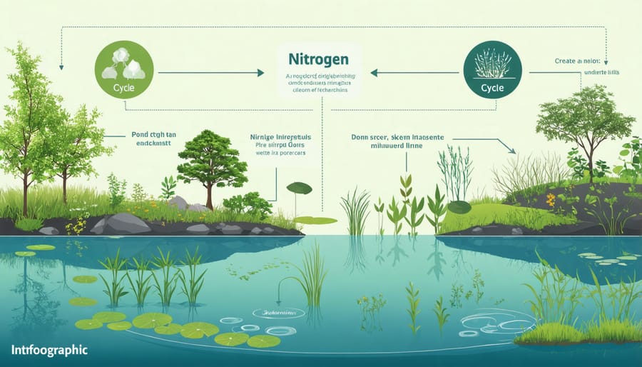 Diagram illustrating the nitrogen cycle process in pond ecosystems with arrows showing nutrient flow