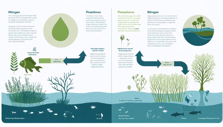 Diagram of nutrient cycling in a pond ecosystem, highlighting nitrogen and phosphorus pathways