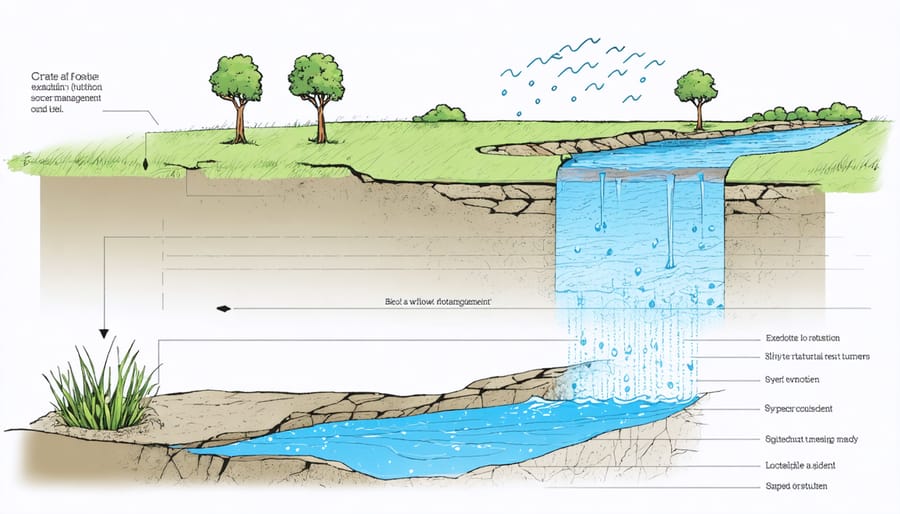 Cross-section illustration of a pond experiencing overflow problems including bank erosion and flooding