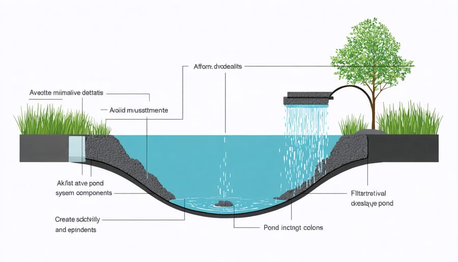 Technical illustration of pond overflow system showing drainage channels, spillway, and water flow patterns