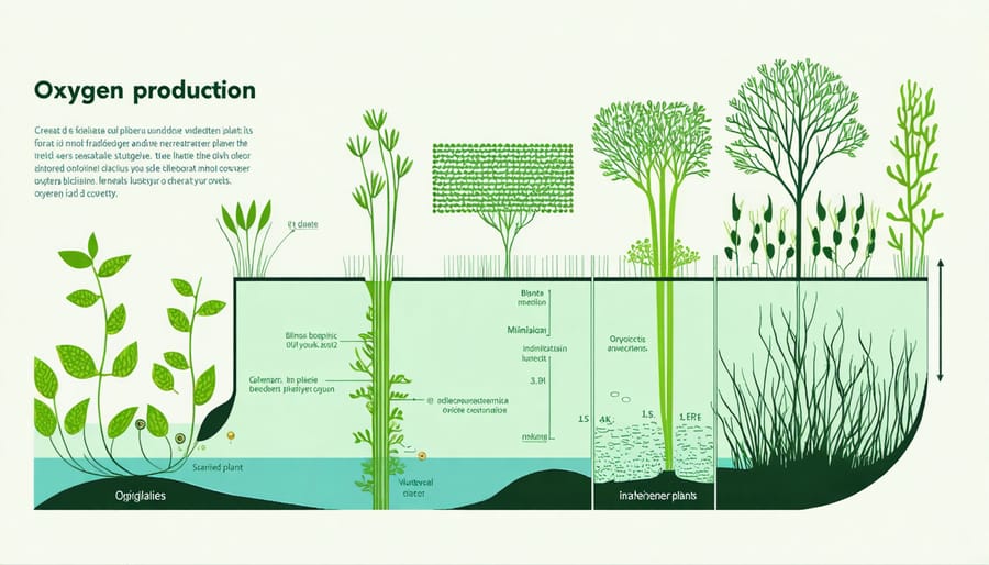 Illustration showing how pond plants produce oxygen through photosynthesis