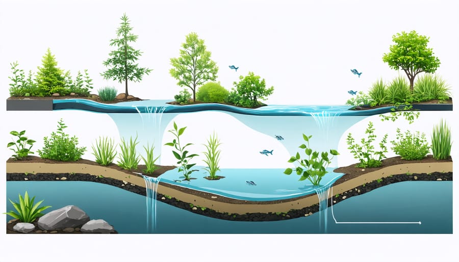 Illustrated diagram showing proper placement of marginal, floating, and submerged plants in a koi pond