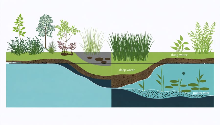 Illustrated cross-section of a pond showing marginal, shallow, and deep water planting zones