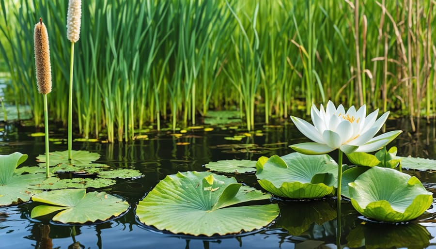 Various aquatic plants commonly found in healthy pond ecosystems