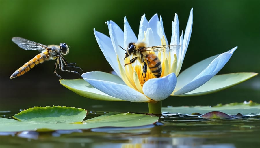 Close-up of a bee pollinating a pink water lily flower with a dragonfly in the background