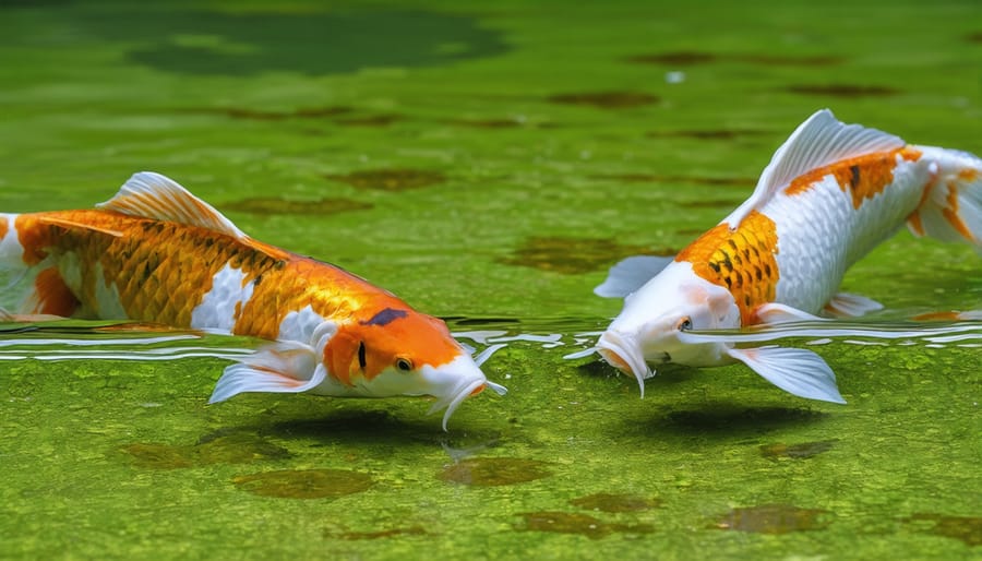 Underwater view of koi fish eating algae from pond plants