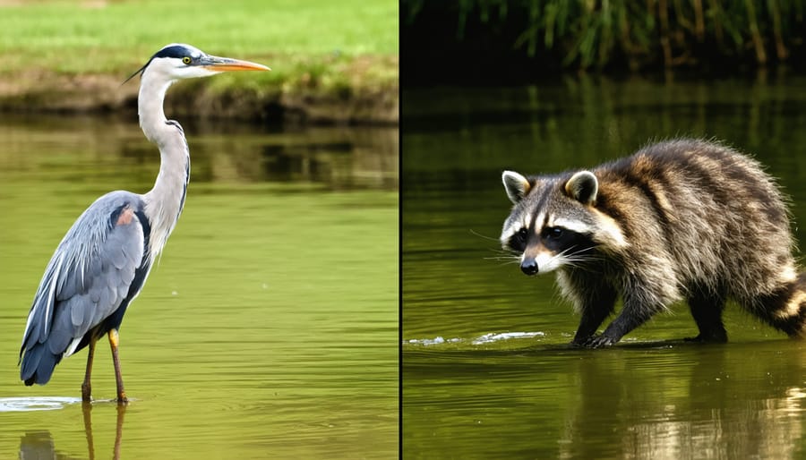 Common pond predators: Grey heron stalking fish and raccoon reaching into water