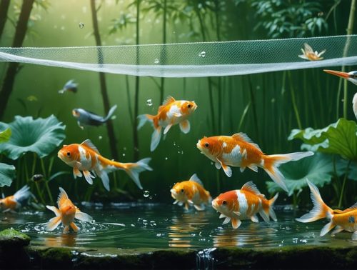 A tranquil pond with koi and goldfish swimming under a protective net, surrounded by water lilies and tall reeds; a heron and raccoon subtly visible among the foliage, symbolizing predator threats and protective measures.