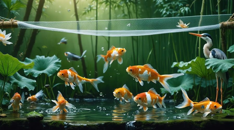 A tranquil pond with koi and goldfish swimming under a protective net, surrounded by water lilies and tall reeds; a heron and raccoon subtly visible among the foliage, symbolizing predator threats and protective measures.