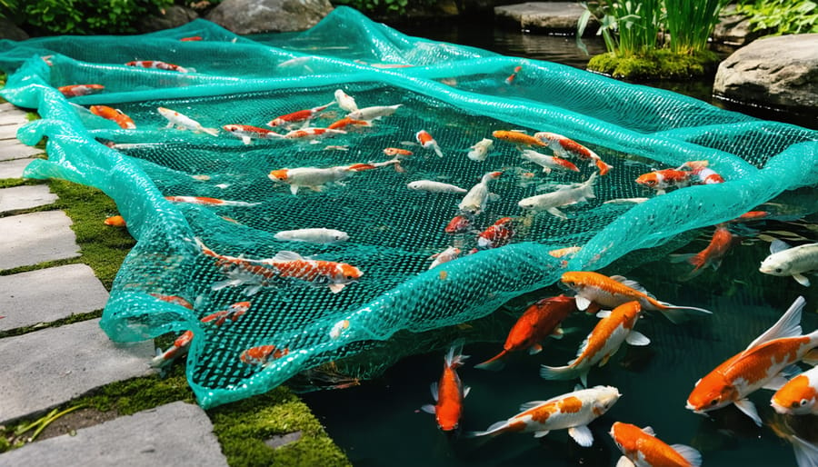 Garden pond protected by black mesh netting with colorful koi swimming below