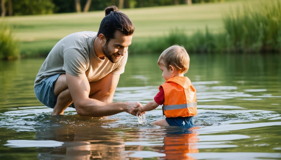 Adult showing a young child proper pond safety practices from a safe distance