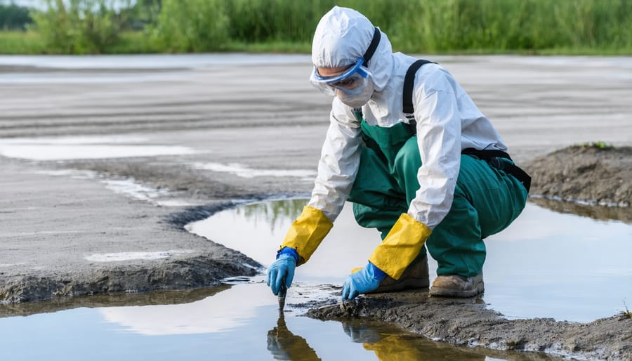 Proper safety equipment demonstration for handling pond treatment chemicals