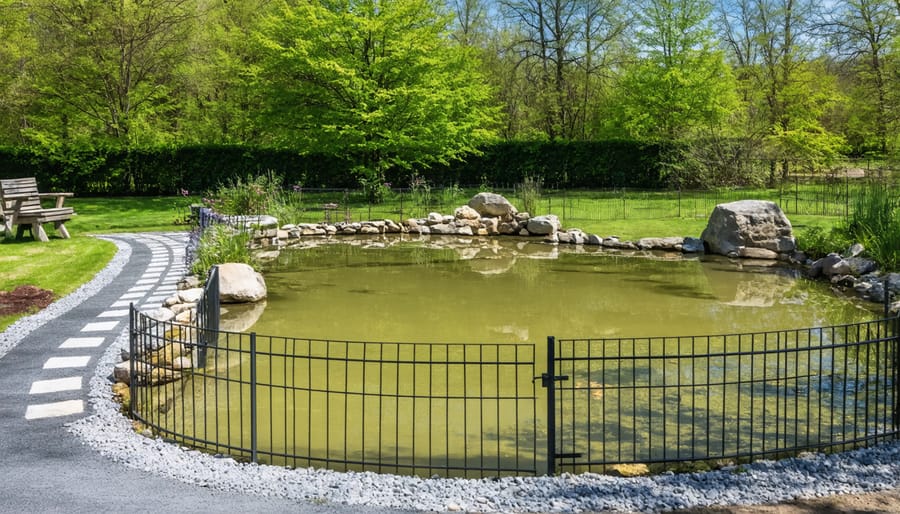 Garden pond surrounded by decorative yet secure metal fencing with a child-proof gate