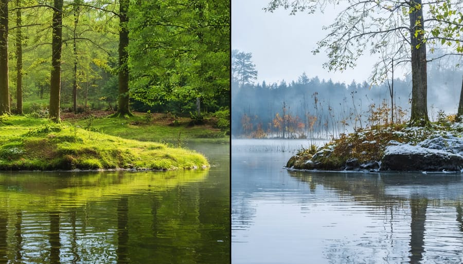 Split-screen photo showing the same pond during peak summer activity and winter dormancy