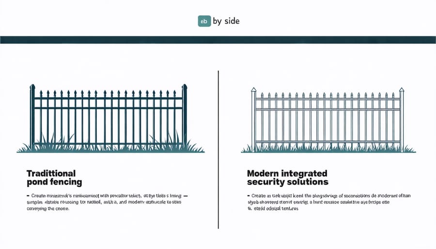 Comparison showing old-style pond fencing on left and modern security systems with cameras and sensors on right