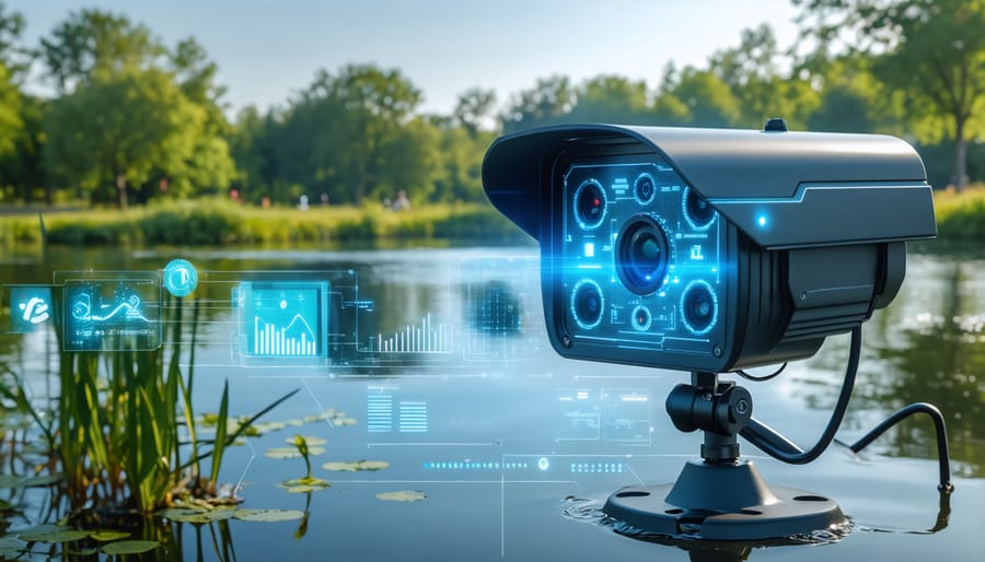 Digital dashboard displaying pond security monitoring systems with multiple camera feeds and sensor readings