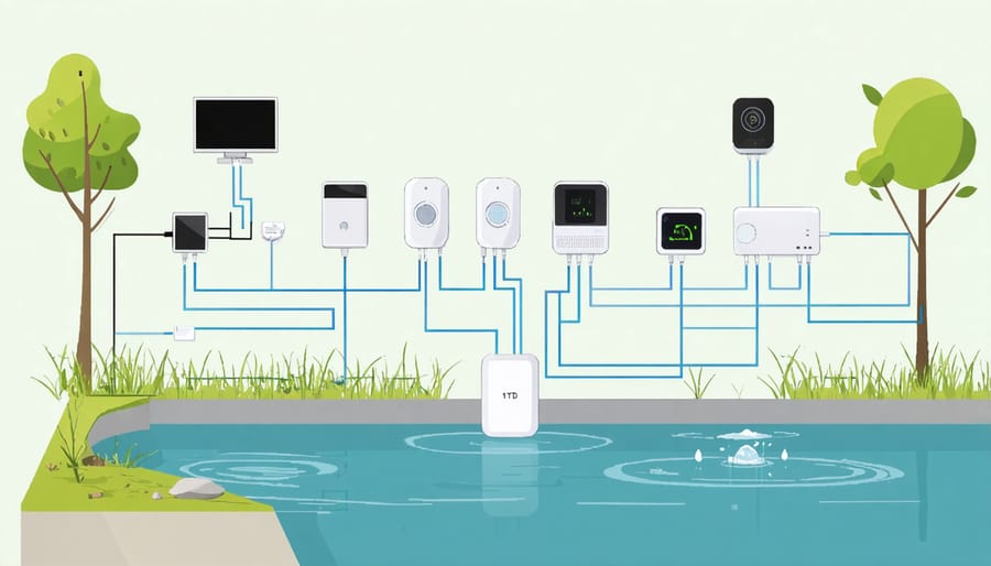 Technical illustration of pond sensors including water level monitors, flow meters, and quality sensors