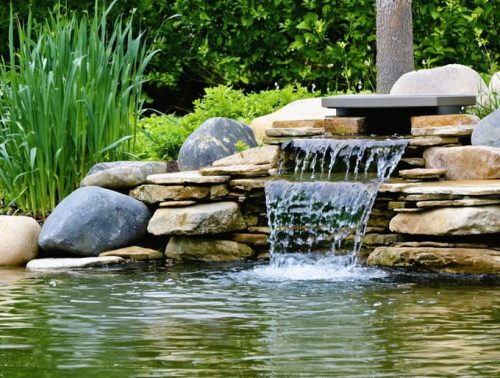 A picturesque garden pond featuring a well-designed overflow system, including a hidden standpipe and a stone-lined spillway that gracefully manages excess water, set amidst vibrant aquatic plants and decorative rocks.