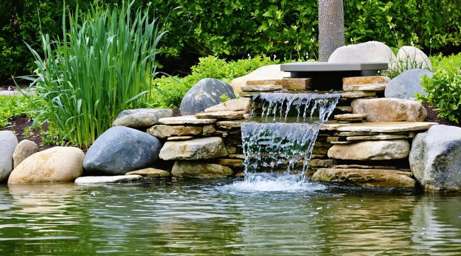 A picturesque garden pond featuring a well-designed overflow system, including a hidden standpipe and a stone-lined spillway that gracefully manages excess water, set amidst vibrant aquatic plants and decorative rocks.