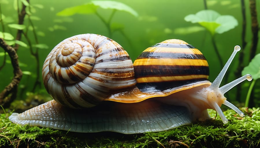 Different species of pond snails crawling on aquarium glass and plants