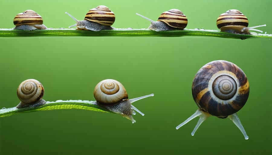 Different species of pond snails grazing on aquatic vegetation