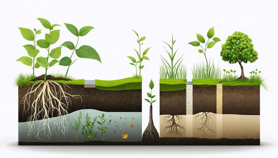 Illustrated cross-section of pond substrate layers showing plant root development and water flow