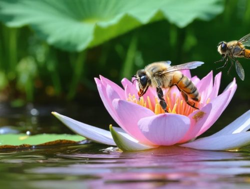 Close-up of a bee pollinating a pink water lily flower with a dragonfly hovering in the background, illustrating the symbiotic relationships in a pond ecosystem.