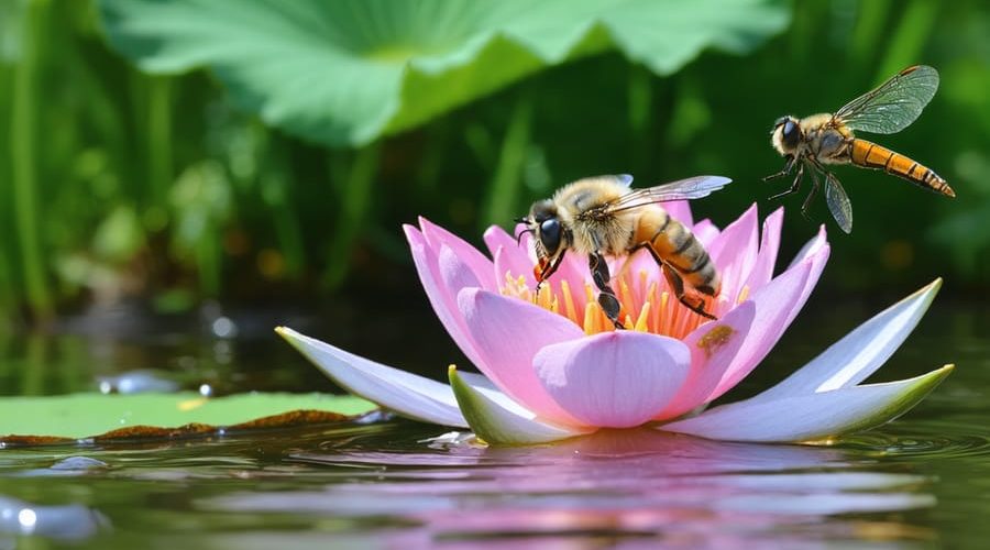 Close-up of a bee pollinating a pink water lily flower with a dragonfly hovering in the background, illustrating the symbiotic relationships in a pond ecosystem.