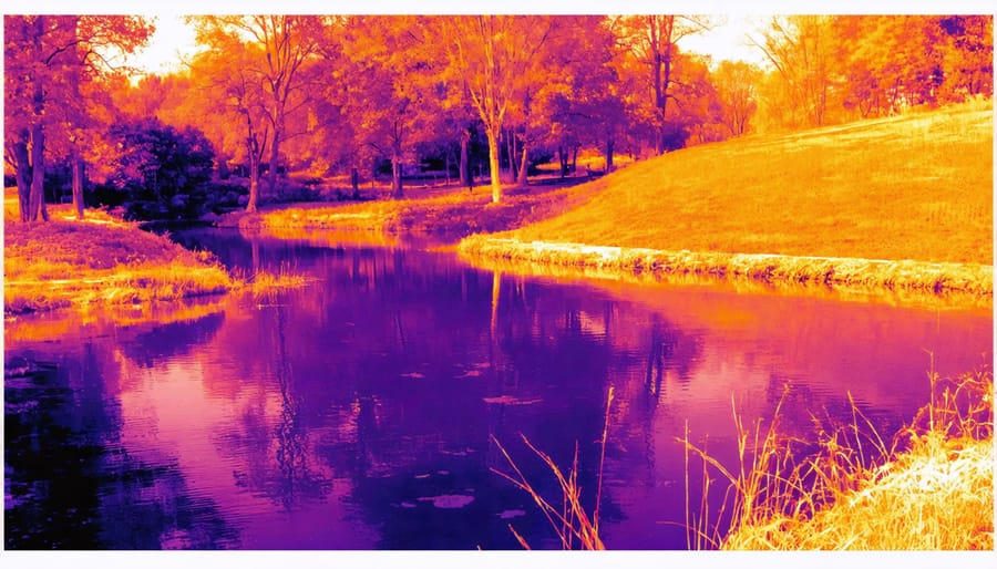 Thermal image demonstrating the cooling effect of a pond on local temperature