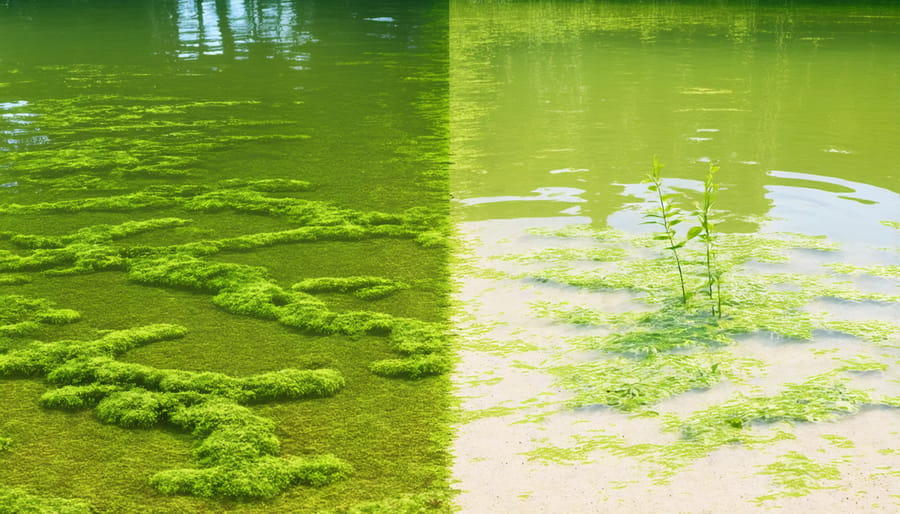 Comparison of two pond water samples showing the effect of water clarity on plant growth