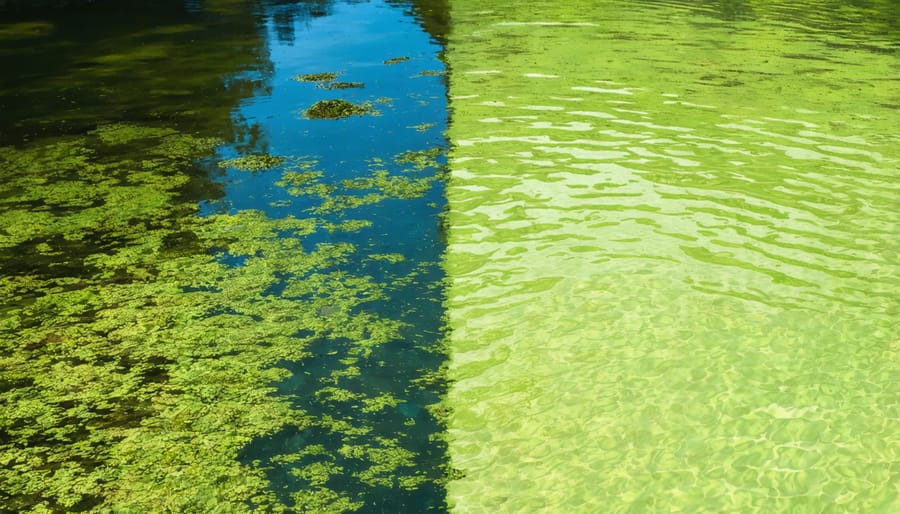 Side-by-side comparison of a clear, healthy pond and a pond with severe algae bloom