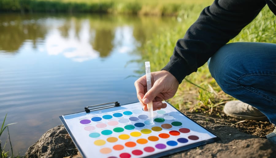 Demonstrating proper use of a pond water testing kit with color comparison chart