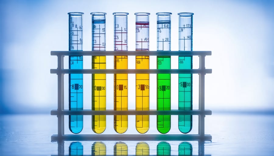 Pond water testing kit with multiple colored test tubes and reference chart