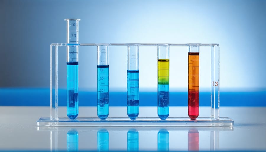 Pond water testing kit showing multiple test tubes with different colored water samples and reference chart